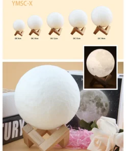 Moon lamp on wooden stand displayed with different sizes; a close-up of the lamp lit up and a white rose are also shown. | 28Alchemy