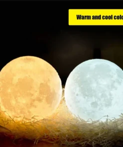 Two moon lamps, one yellow and one white, placed on straw. Text reads "Warm and cool colors" in the corner. | 28Alchemy