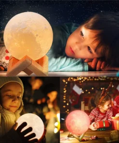 Collage of children gazing at glowing moon lamps indoors, two on wooden stands and one held, with holiday decor visible. | 28Alchemy