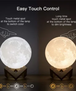 Image of a moon lamp on a wooden stand, showing touch controls for color change and brightness adjustment. | 28Alchemy