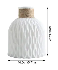 White textured vase with rope detail near the top, dimensions labeled as 12cm tall and 14.5cm wide. | 28Alchemy