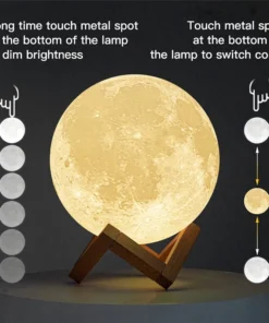 A moon lamp on a wooden stand with instructions for dimming brightness and changing color by touching the metal spot. | 28Alchemy
