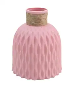 Pink ceramic vase with a textured, wavy pattern and a jute-wrapped neck, labeled with a "B" in the top right corner. | 28Alchemy
