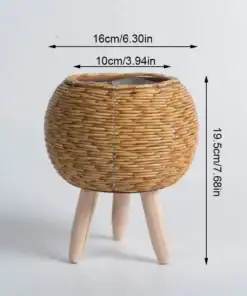 Rattan Planter Stand with three wooden legs, dimensions in cm and inches. | 28Alchemy