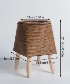 Rattan Planter Stand: Woven cone-shaped rattan pot on 4 legs with dimensions in cm & inches on a white background. | 28Alchemy
