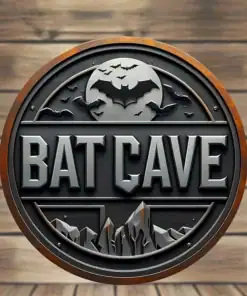 A circular "Bat Cave" sign with bats, a bat symbol, and mountains, set against a wooden background. | 28Alchemy