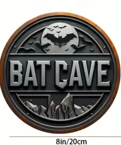 Round "BAT CAVE" sign with bats, mountains, and moon, measuring 8 inches (20 cm) in diameter. | 28Alchemy
