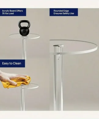 Collage showing a clear round acrylic table, a kettlebell, a gloved hand cleaning, and highlighted rounded edge. | 28Alchemy