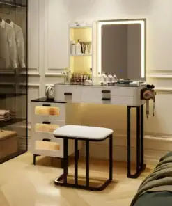 Modern vanity table with mirror, makeup items, stool, and shelves, set in an elegant, well-lit bedroom corner. | 28Alchemy