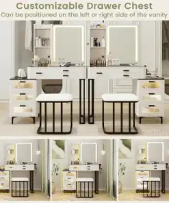 Modern vanity with customizable drawer chests, adjustable to left, right, or both sides, shown in three configurations. | 28Alchemy