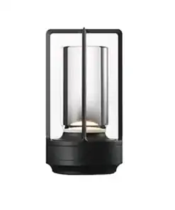 Modern black portable lantern with a cylindrical glass enclosure and minimalistic design, isolated on a white background. | 28Alchemy
