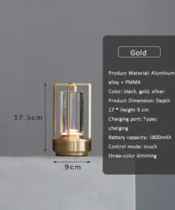 A gold cylindrical lamp on a ledge with product specs beside it, including size, color, and battery details. | 28Alchemy