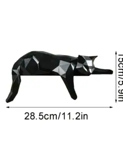 Geometric black cat sculpture lying down, measuring 28.5cm wide and 15cm tall, with measurements labeled. | 28Alchemy