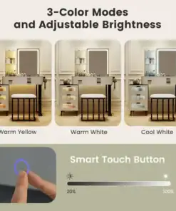 Three vanity setups show warm yellow, warm white, and cool white lighting; finger touches a button to adjust brightness. | 28Alchemy
