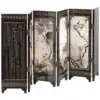 A decorative folding screen with black trim, gold accents, Chinese calligraphy, and nature paintings of birds and trees. | 28Alchemy