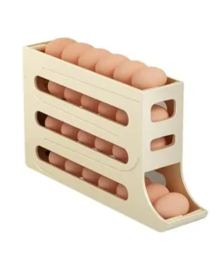 Beige plastic egg holder with multiple rows, holding brown eggs, designed for easy dispensing. | 28Alchemy