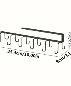 Black metal hanger with 8 hooks and labeled dimensions: 25.4cm x 8cm x 7cm (10in x 3.14in x 2.75in). | 28Alchemy