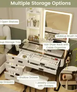 A vanity table with labeled storage features, including shelves, drawers, trays, and organizers for makeup and accessories. | 28Alchemy