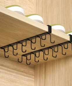 Black metal hooks attached under a wooden shelf, holding storage jars on top in a kitchen setting. | 28Alchemy