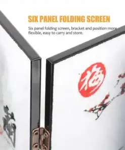 Close-up of a six-panel folding screen with floral art and Chinese characters, showing hinge and painted red circle. | 28Alchemy