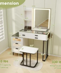 Modern white vanity set with mirror, drawers, stool, and labeled dimensions in inches; weight limits shown for tabletop and stool. | 28Alchemy