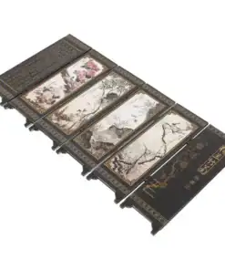 Five ornate black panels featuring Chinese calligraphy and nature paintings of birds, flowers, and mountains. | 28Alchemy