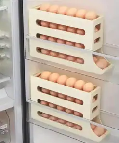 Two trays filled with brown eggs are placed on refrigerator door shelves for organized storage. | 28Alchemy