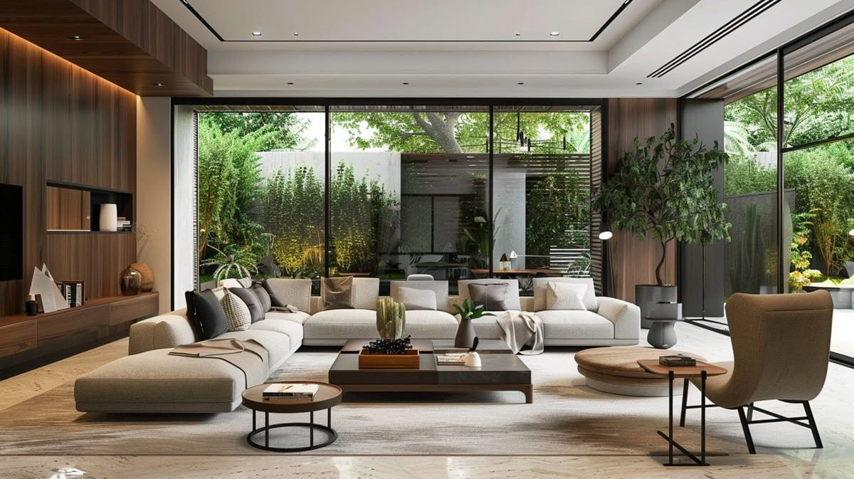 Modern living room with neutral furniture, large windows, indoor plants, and a view of a lush green garden outside. | 28Alchemy