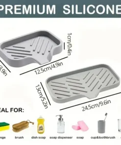 Two gray silicone trays with drainage grooves, shown with measurements and suggested uses for sponges, brushes, soap, and cups. | 28Alchemy