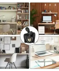 A collage of four modern home office setups with desks, chairs, computers, and a small black sculpture in the center. | 28Alchemy