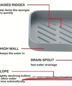 Gray tray with raised ridges, high wall, drain spout, and sloped bottom, labeled for fast drying and water drainage. | 28Alchemy