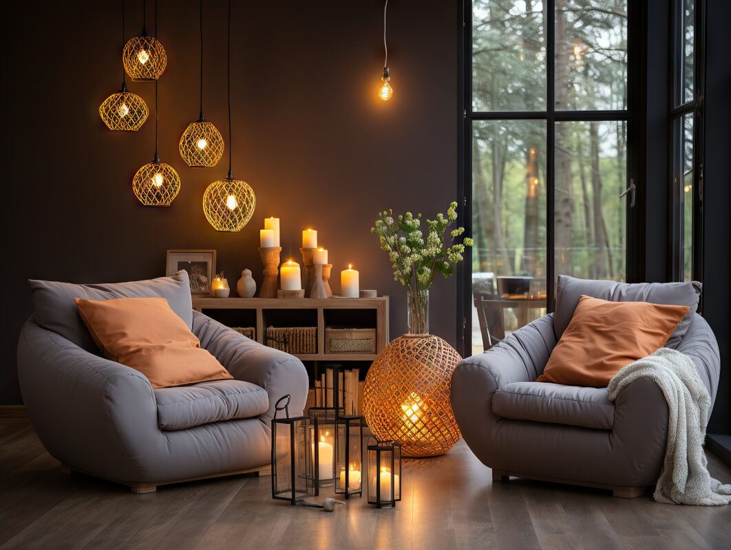 Cozy living room with two gray armchairs, orange pillows, candles, hanging lights, and large windows. | 28Alchemy
