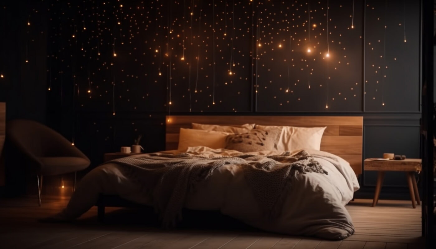 A cozy bedroom with a wooden bed, soft bedding, and warm string lights resembling stars on a dark wall. | 28Alchemy
