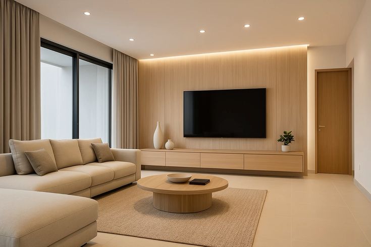 Minimalist living room with beige sofa, round coffee table, large TV, wood panel wall, and neutral decor. | 28Alchemy