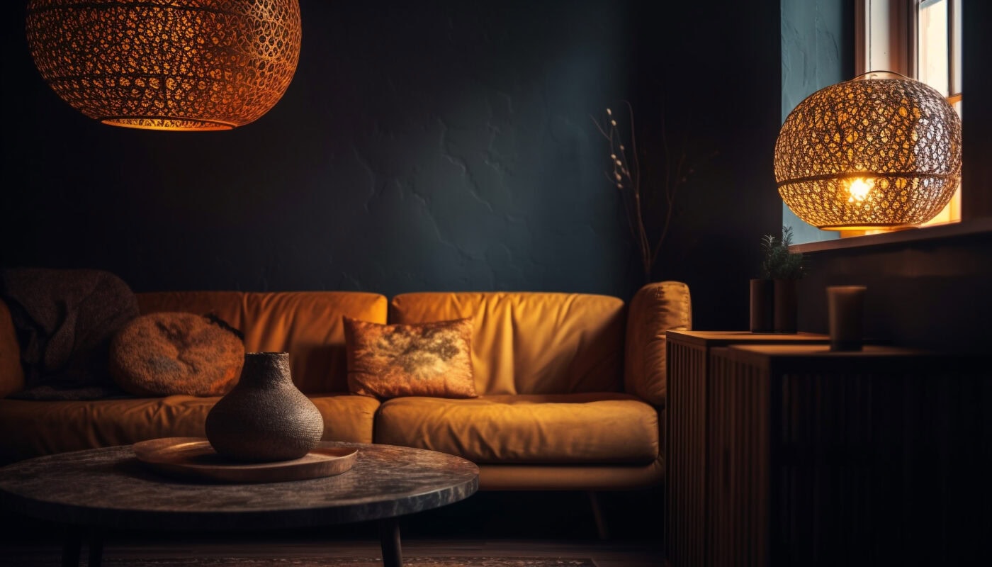 Cozy living room with a yellow sofa, round coffee table, and warm lighting from woven lamps. | 28Alchemy
