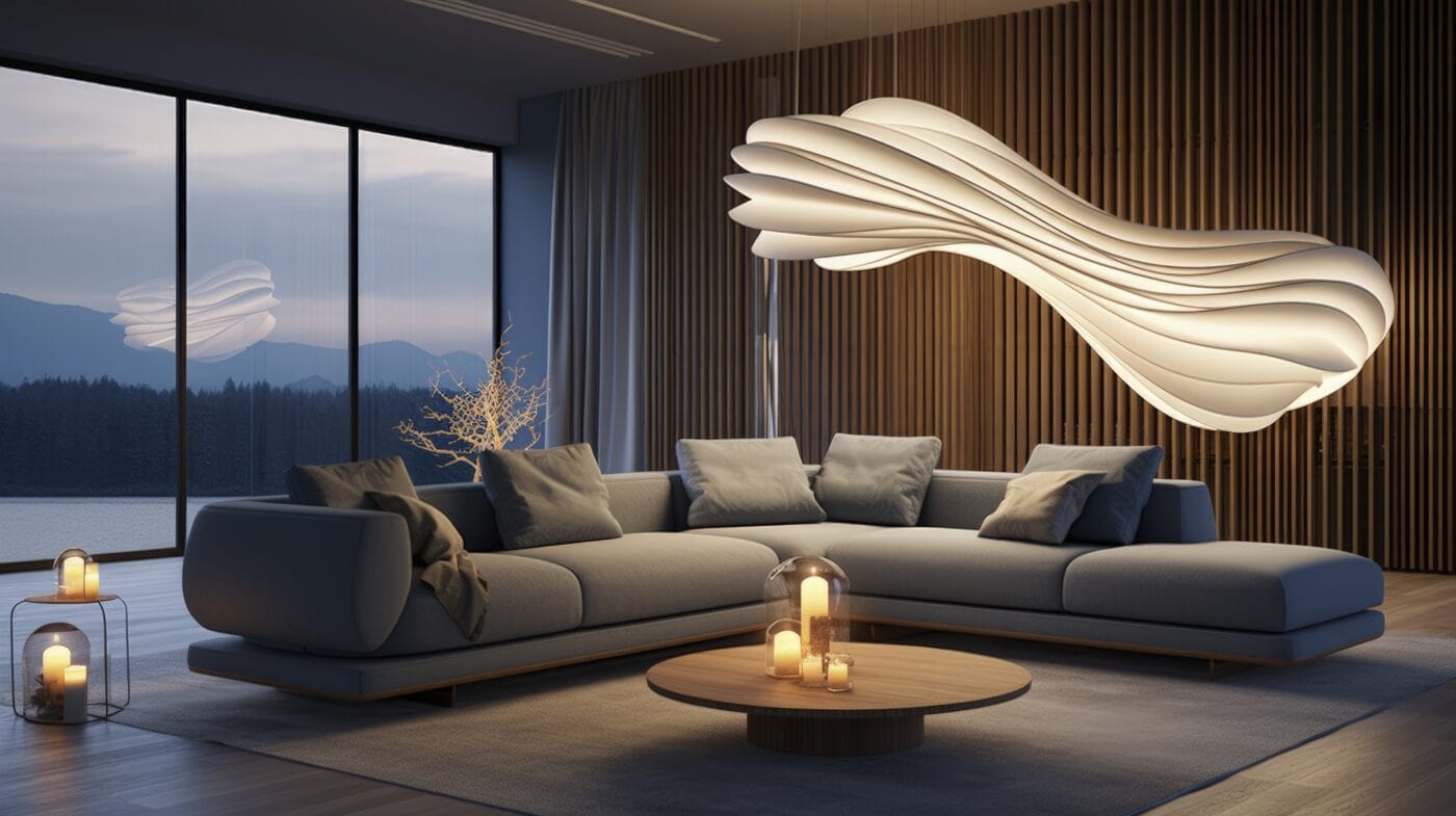 Modern living room with large sofa, round table, sculptural pendant light, candles, and lake view at dusk. | 28Alchemy