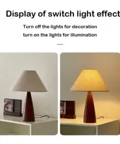 Table lamp shown off on the left and lit on the right, on a side table with a photo frame and decor. | 28Alchemy