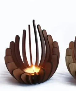 A wooden, curved, petal-shaped tealight candle holder with a lit candle inside, set against a white background. | 28Alchemy