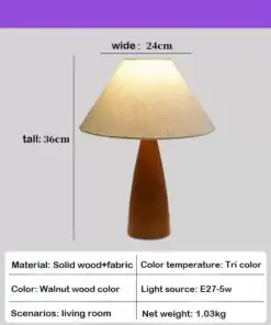 Table lamp with a beige fabric shade and walnut wood base; dimensions: 36cm tall, 24cm wide; details listed below. | 28Alchemy