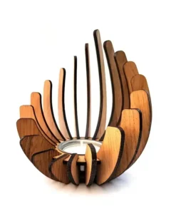 Curved wooden candle holder with radial slats fanned open around a central glass cup, on a white background. | 28Alchemy