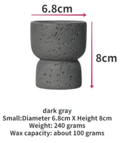 Dark gray cup-shaped container, 6.8 cm diameter, 8 cm tall, with text listing its size, weight, and wax capacity. | 28Alchemy