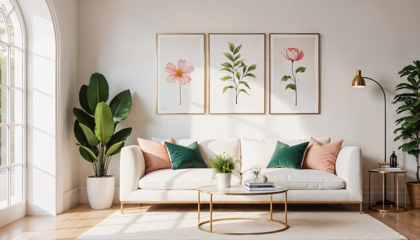 Bright living room with a white sofa, colorful pillows, plants, and floral art on the wall above a modern coffee table. | 28Alchemy