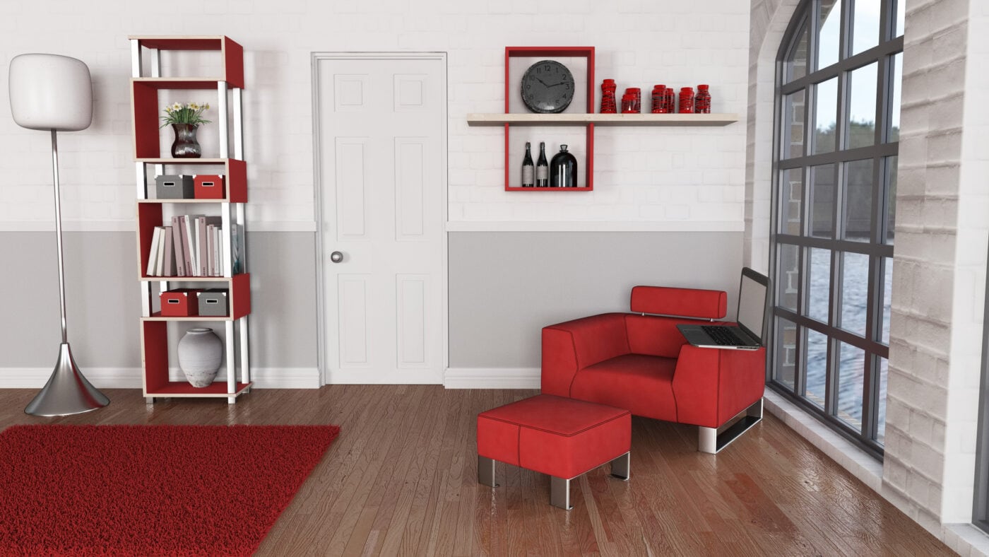 Modern living room with red furniture, a shelf, a rug, and a large window overlooking water. | 28Alchemy