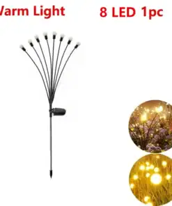 Black garden stake light with 8 LED bulbs, shown lit in warm white among flowers at night. Text reads “Warm Light 8 LED 1pc.”. | 28Alchemy