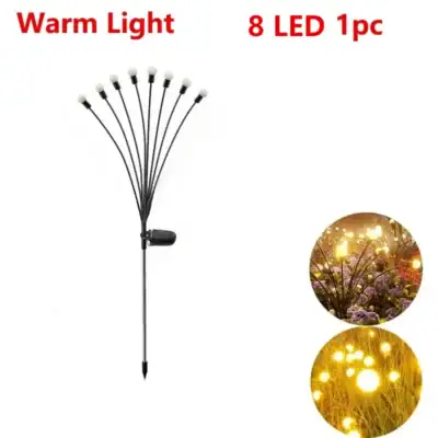 Solar garden light with 8 LED bulbs branching out, shown lit in garden scenes with warm yellow light. | 28Alchemy