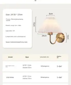Wall sconce with pleated fabric shade, gold base, and size details shown; ideal for bedroom or living room decor. | 28Alchemy