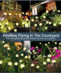 Solar garden lights glowing like fireflies among flowers and plants in a courtyard at night, creating a magical effect. | 28Alchemy