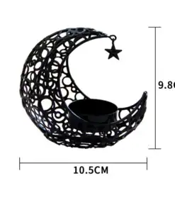 Black metal crescent moon candle holder with a hanging star, measuring 9.8 cm high and 10.5 cm wide. | 28Alchemy
