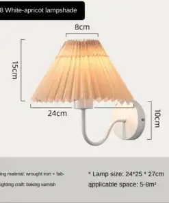 Wall-mounted lamp with a pleated white-apricot lampshade, dimensions and product details displayed on the image. | 28Alchemy