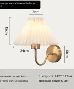 Wall-mounted lamp with pleated white lampshade and brass base, showing dimensions and material details. | 28Alchemy